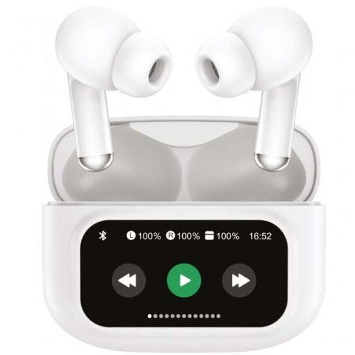 Auricolari wireless bianchi in una custodia di ricarica bianca con schermo.