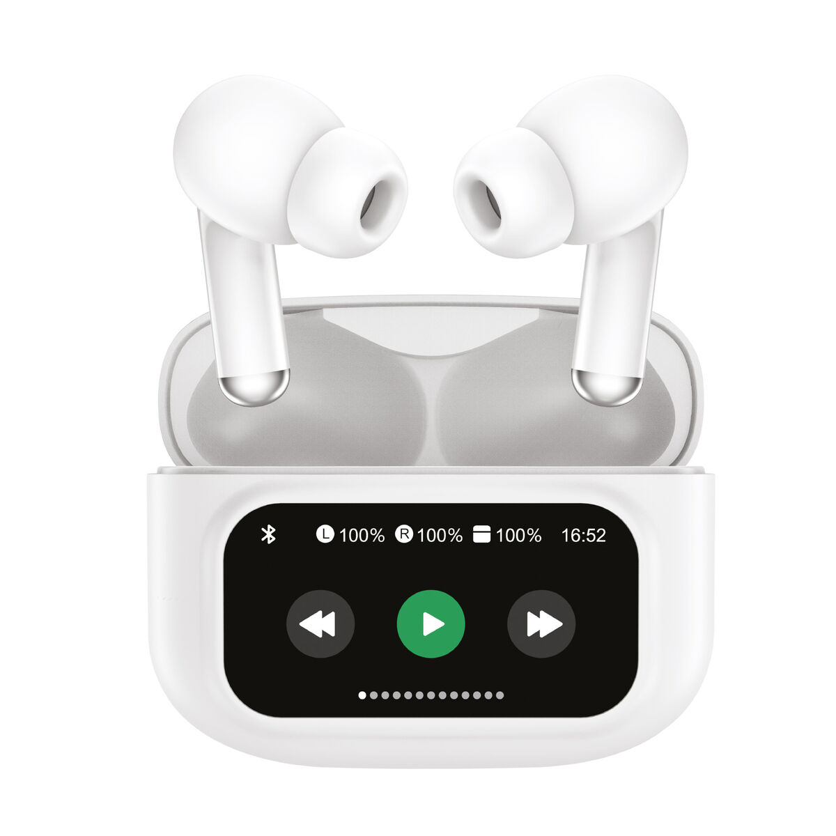 Auricolari bianchi in una custodia di ricarica bianca con display touch.