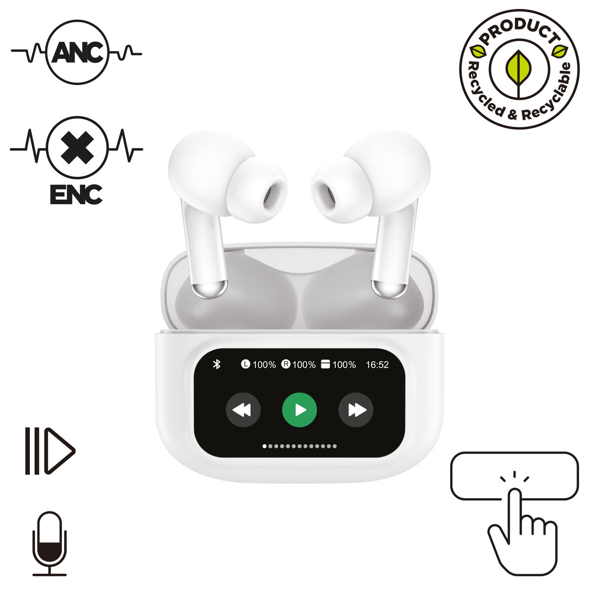 Auricolari wireless bianchi in una custodia di ricarica con touchscreen.