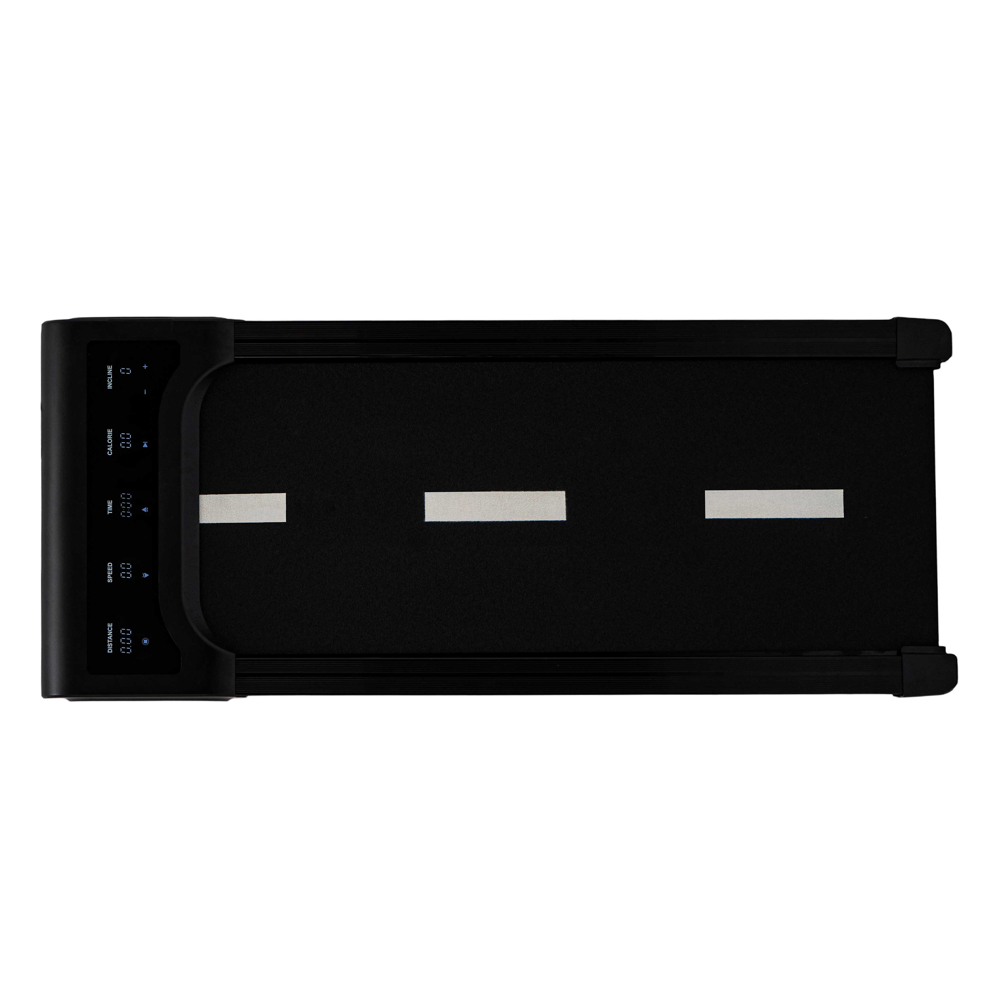 Czarna bieżnia z białą linią środkową i cyfrowym wyświetlaczem.