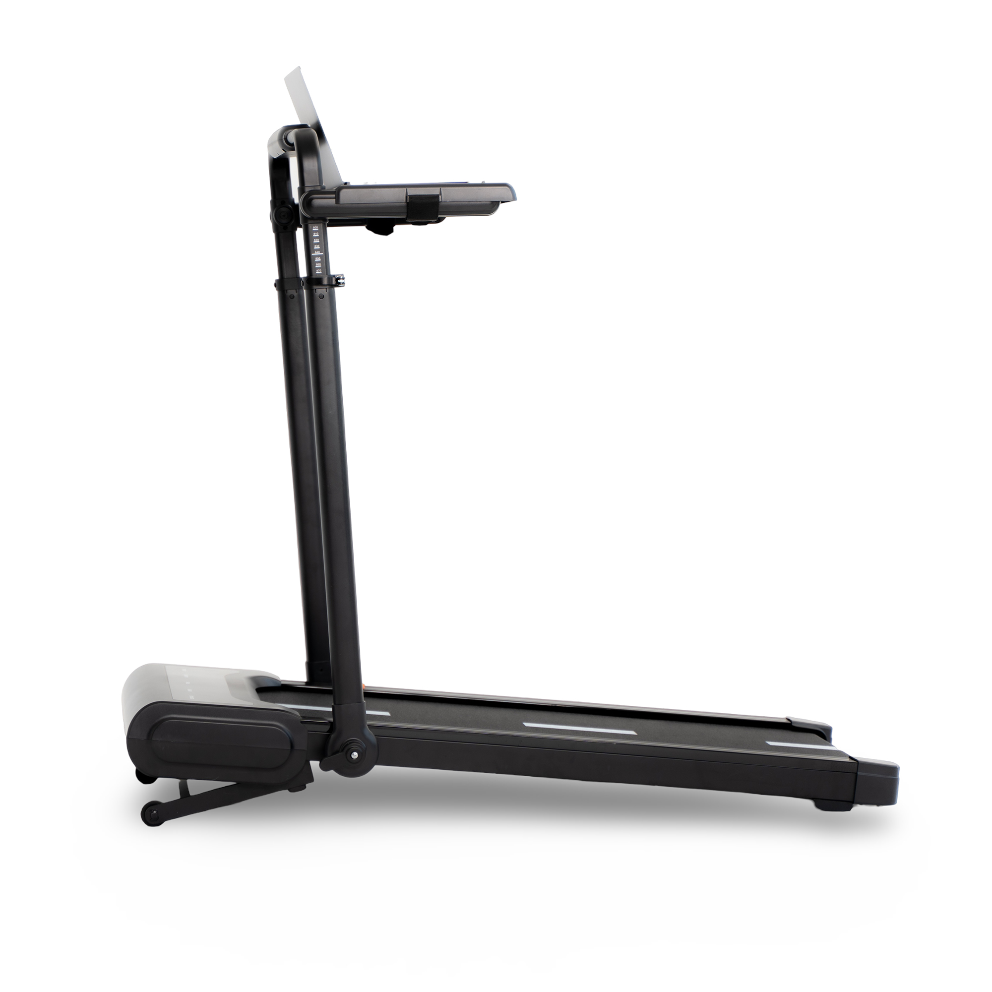 Czarna bieżnia z szarą podstawą i uchwytem na wyświetlacz.