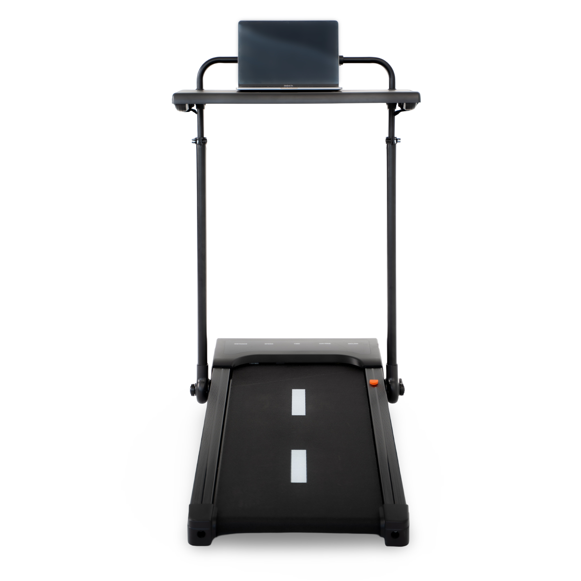 Czarna bieżnia z laptopem na półce nad nią.