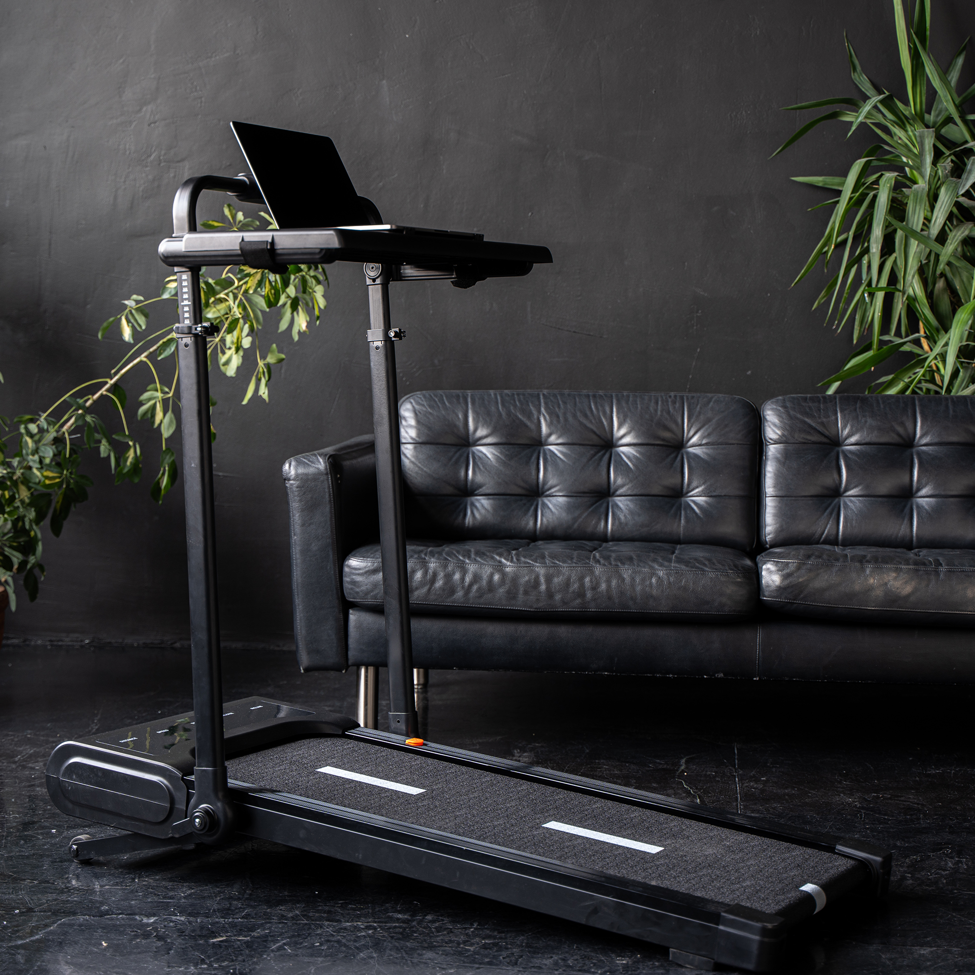 Czarna bieżnia z laptopem, skórzaną sofą i roślinami na ciemnej ścianie.