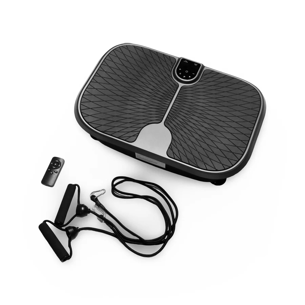 Płyta wibracyjna z pilotem i taśmami oporowymi na białym tle.