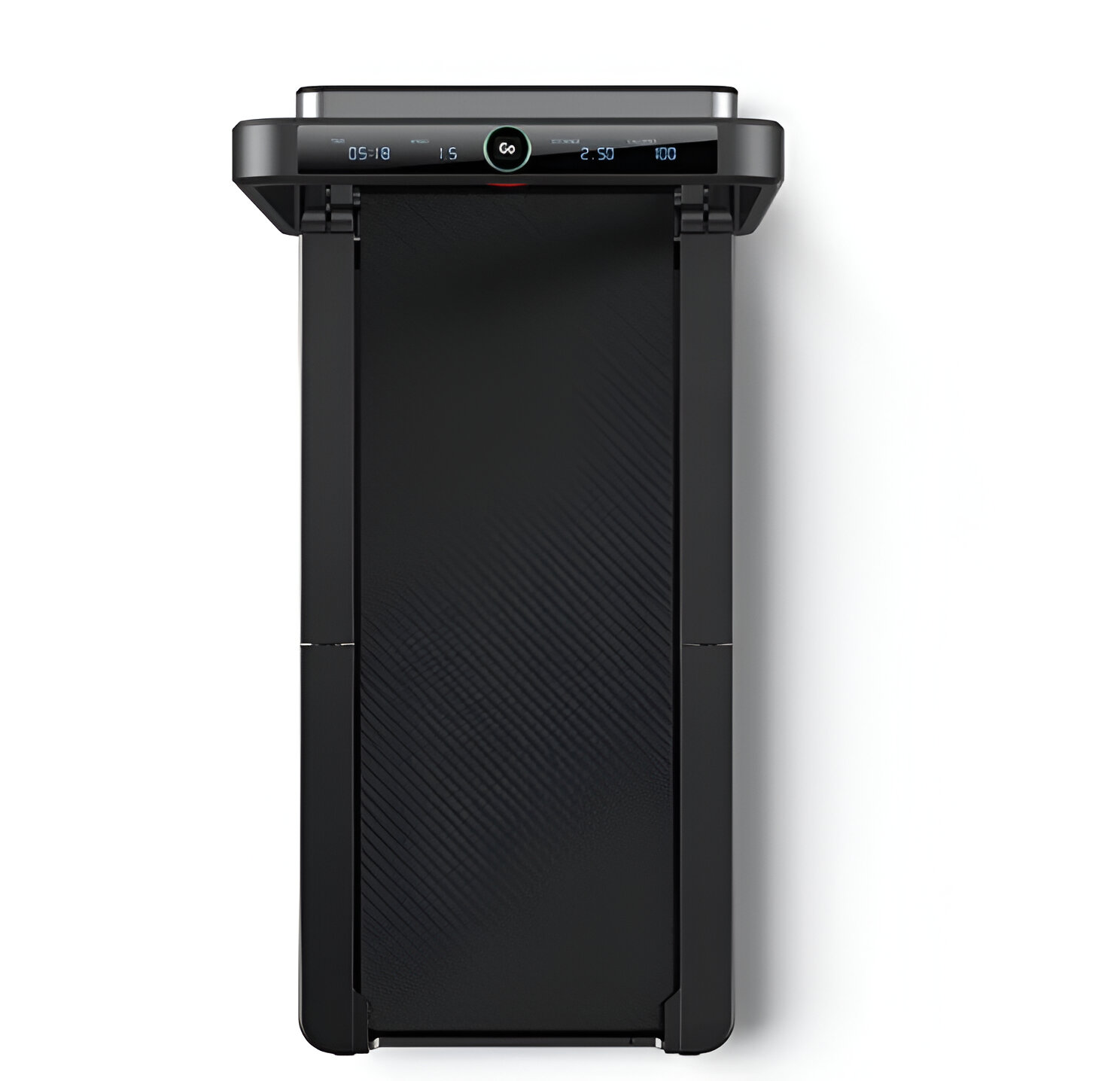 Czarna bieżnia z cyfrowym wyświetlaczem, na białym tle.