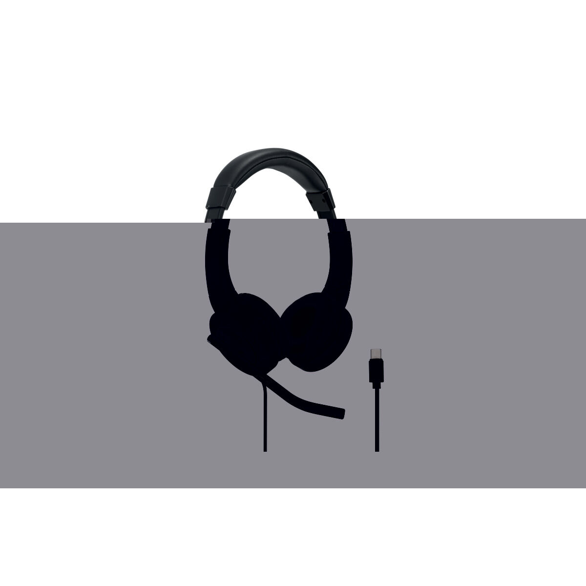 Cuffie nere con microfono e cavo USB-C su sfondo grigio.