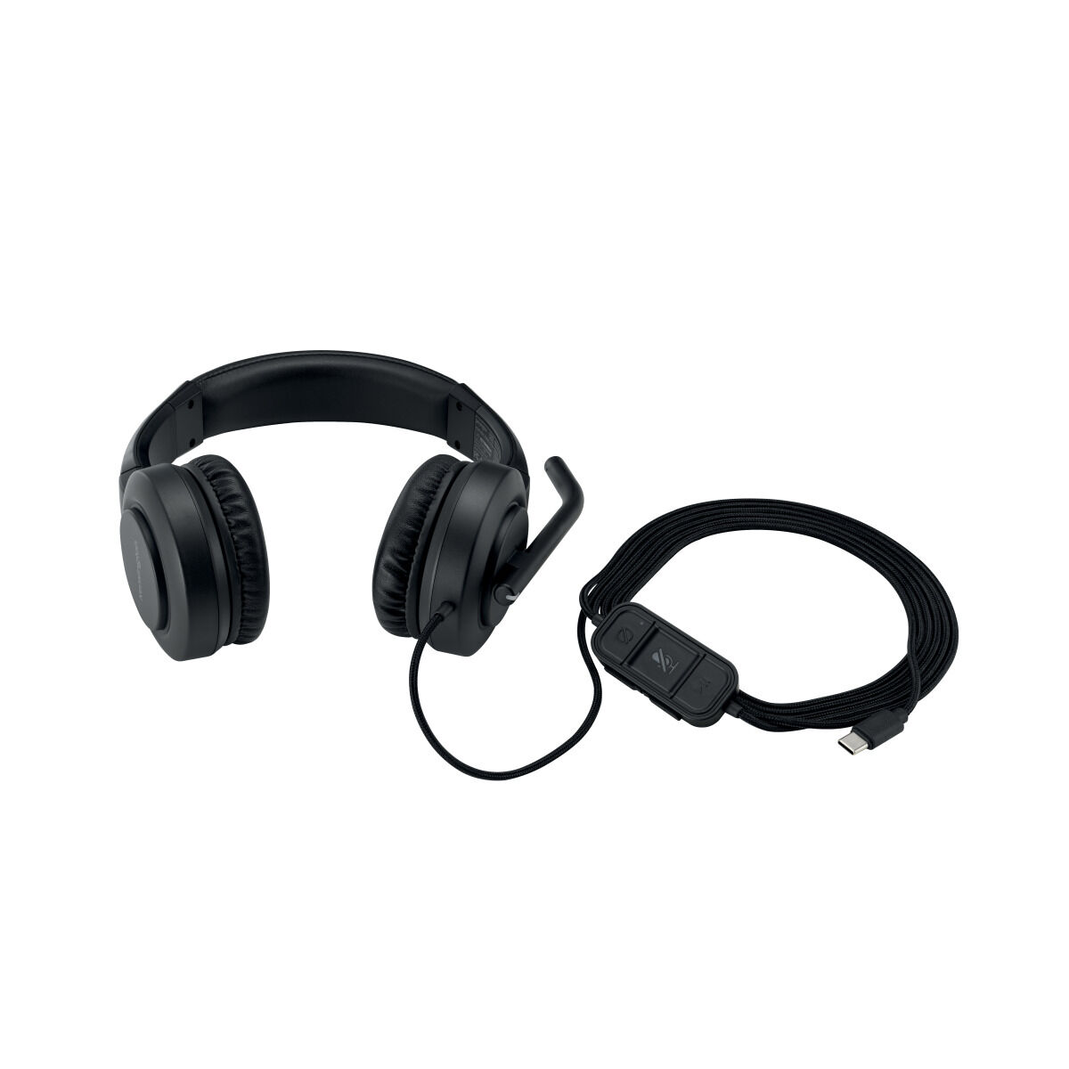 Cuffie nere con microfono e cavo USB-C su sfondo bianco.