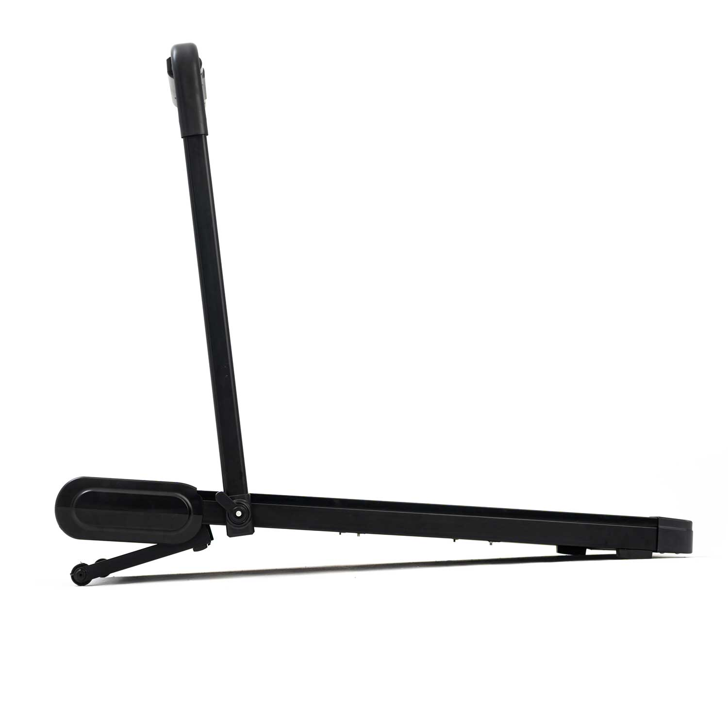 Czarny, przenośny stojak na laptopa z przegubowym ramieniem i kółkami.