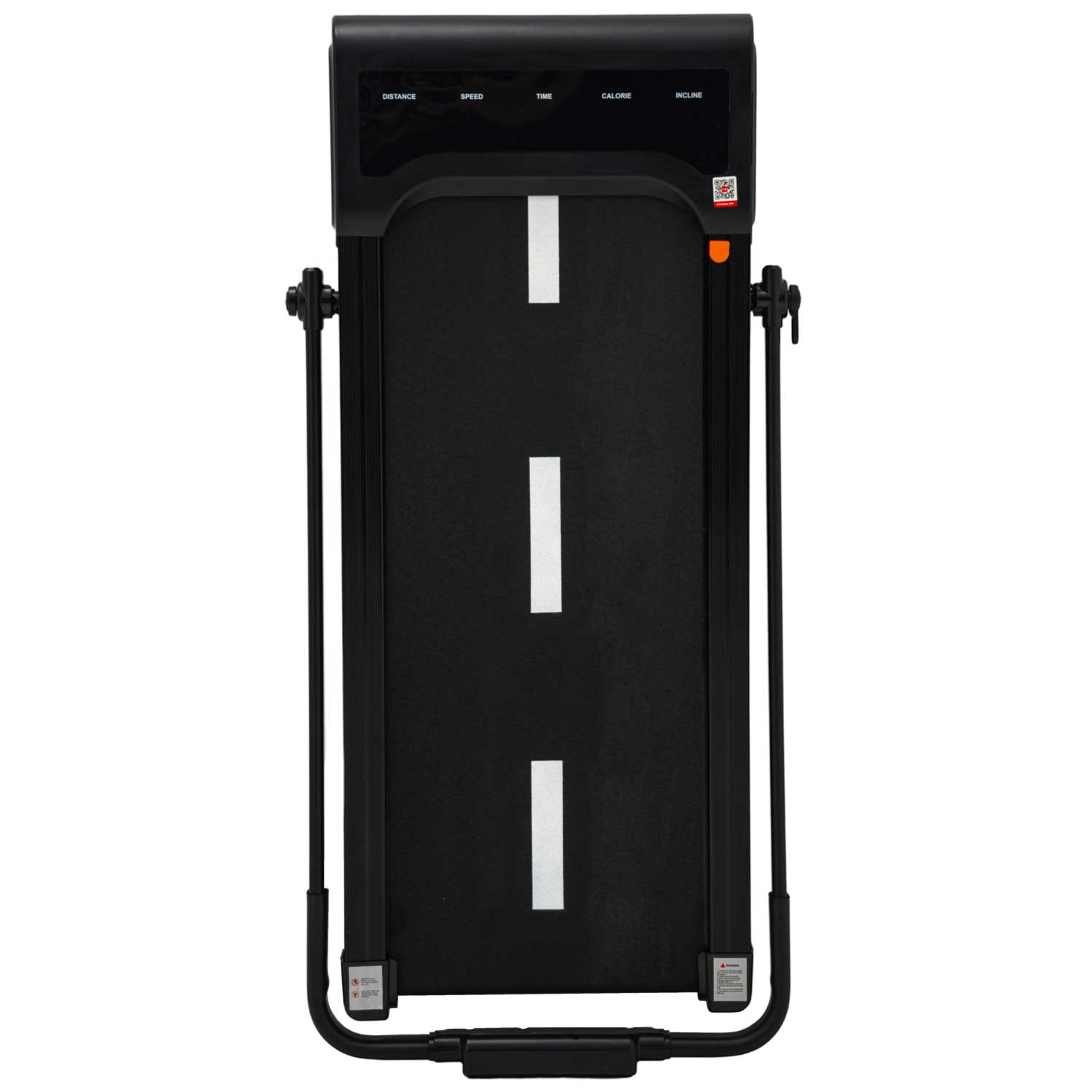 Czarna bieżnia z białym pasem i cyfrowym wyświetlaczem na górze.