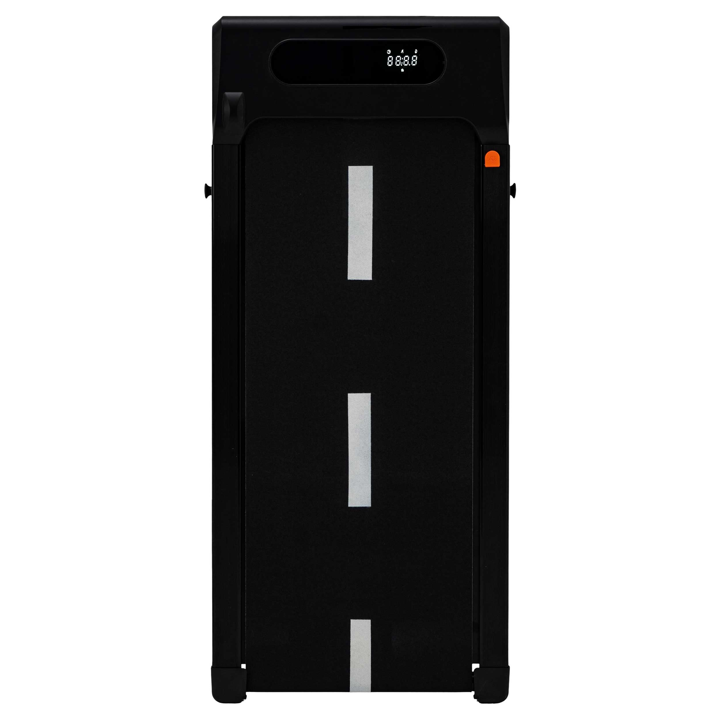 Czarna bieżnia z cyfrowym wyświetlaczem i białymi paskami na taśmie.