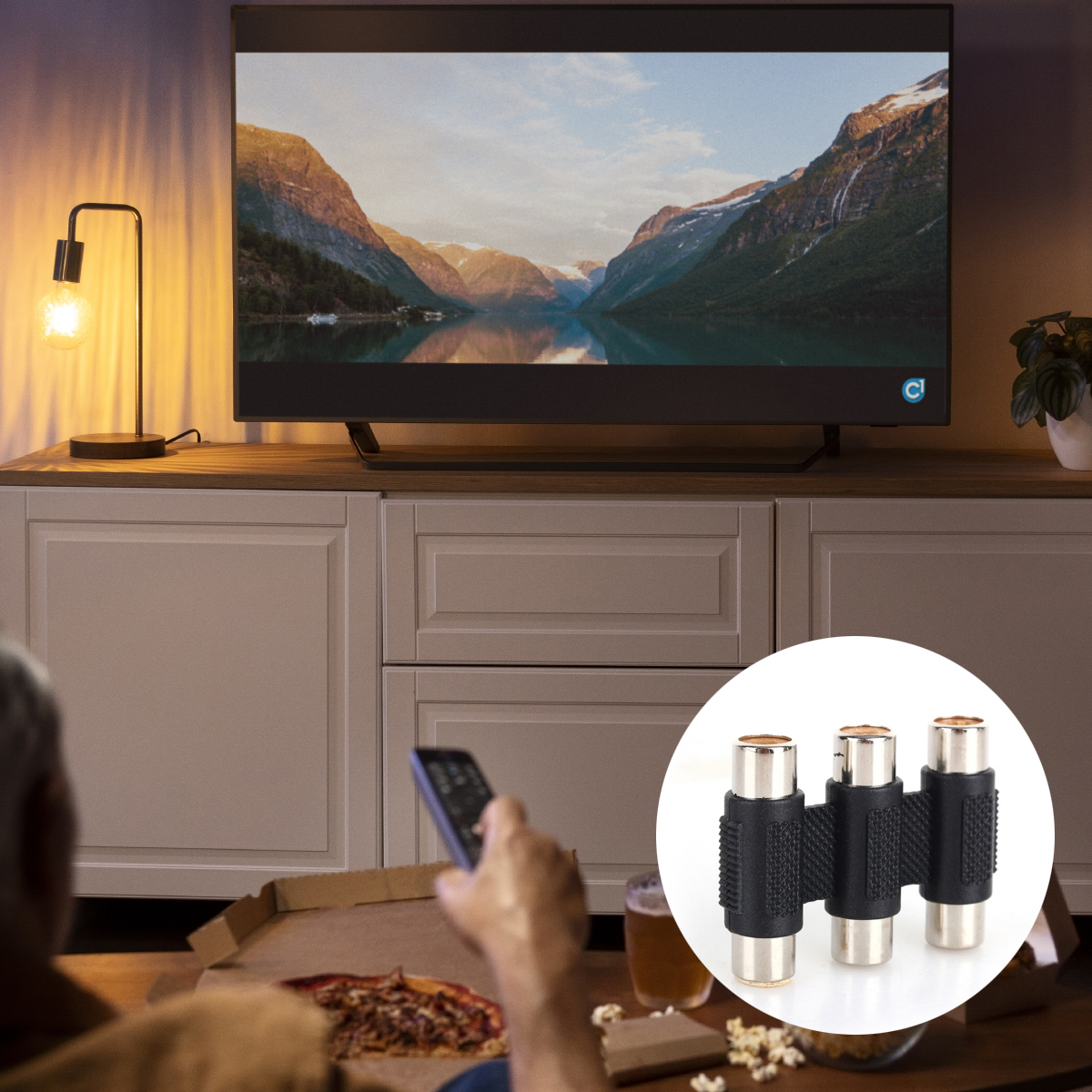 Mann schaut TV, isst Pizza, hält Fernbedienung. Adapter im Kreis.