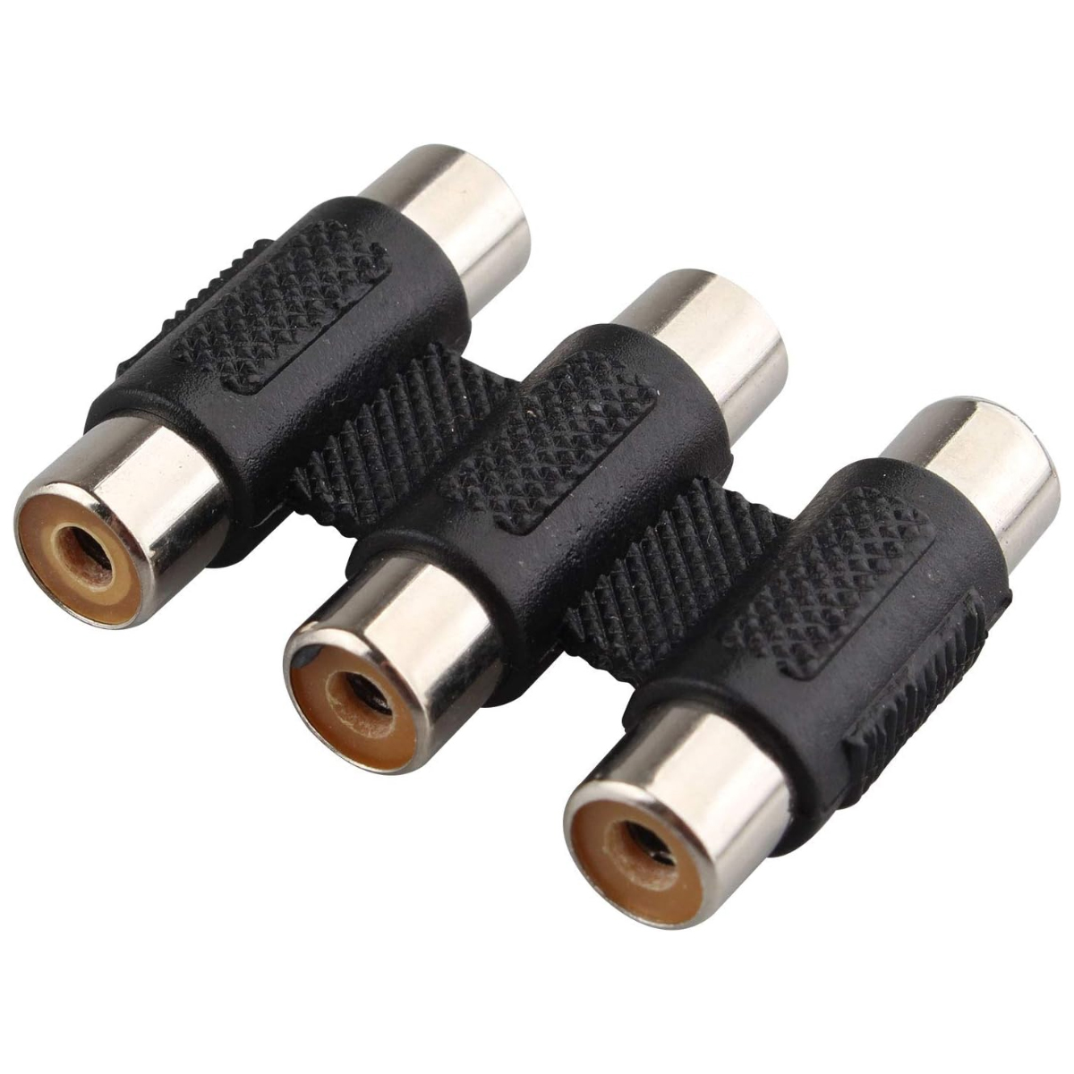 Drei schwarze RCA-Splitter-Adapter mit silbernen Anschlüssen auf weißem Hintergrund.