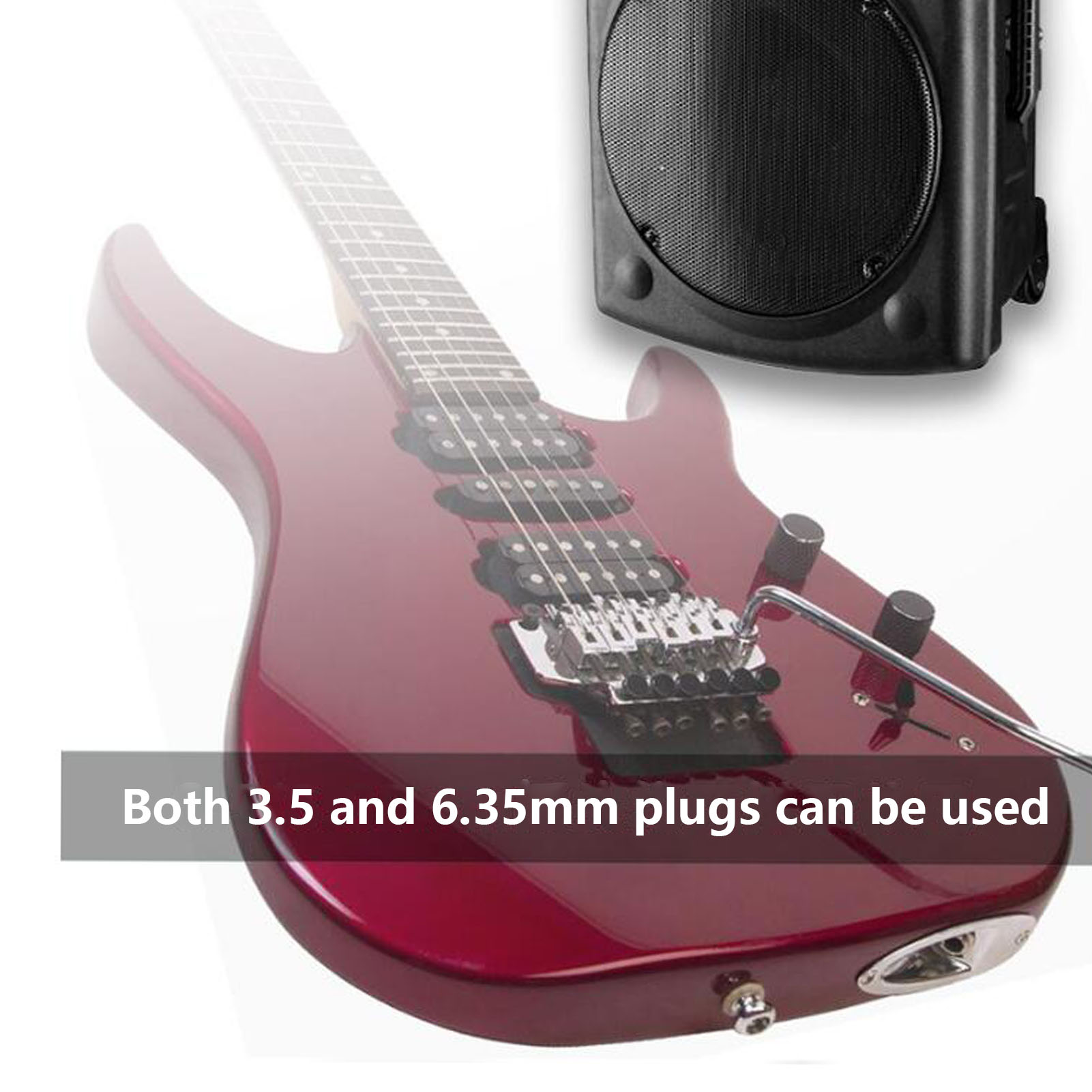 Ein rotes E-Gitarrenhals mit Lautsprecher im Hintergrund.