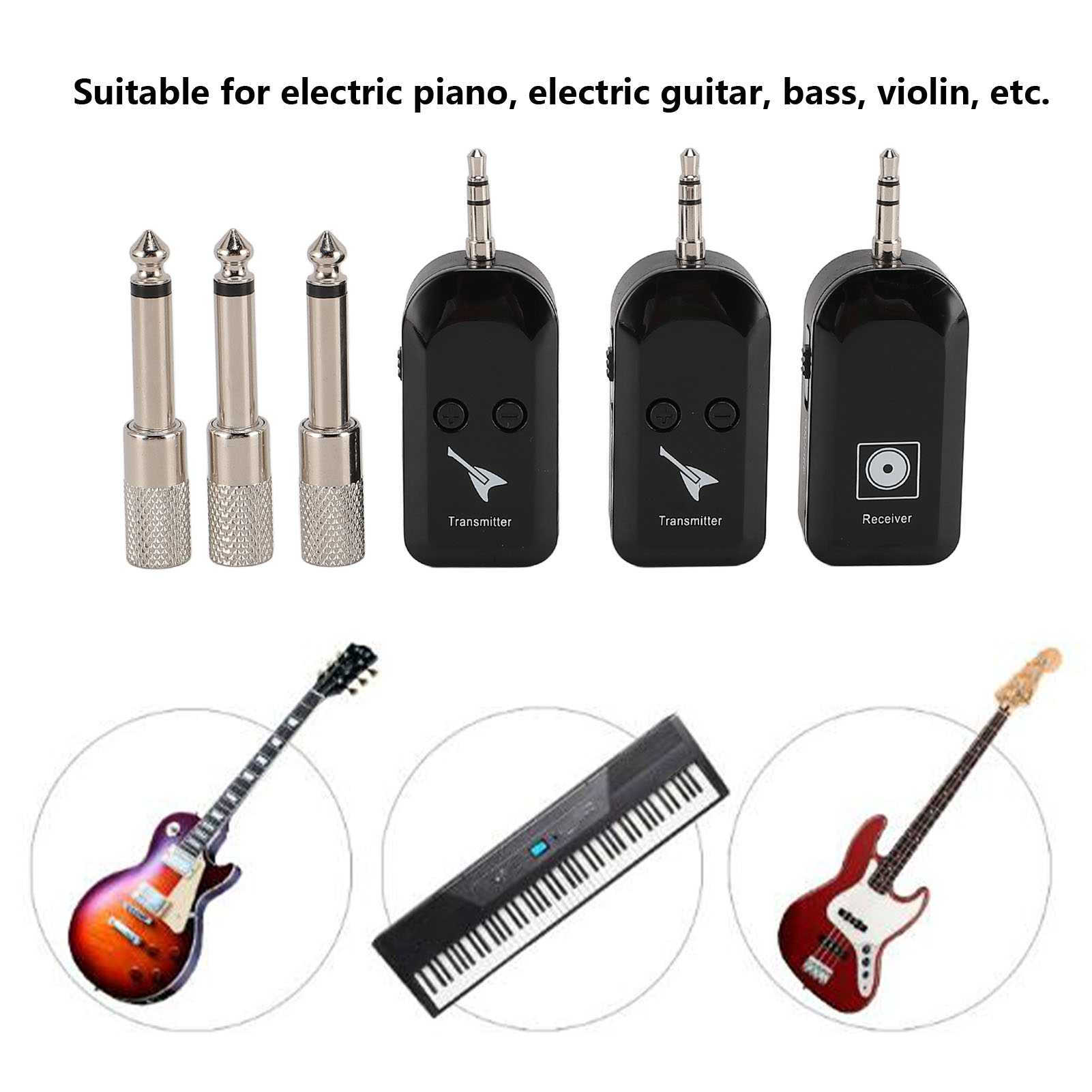 Drahtlose Sender/Empfänger-Sets mit Gitarren, Klavier und Bass.