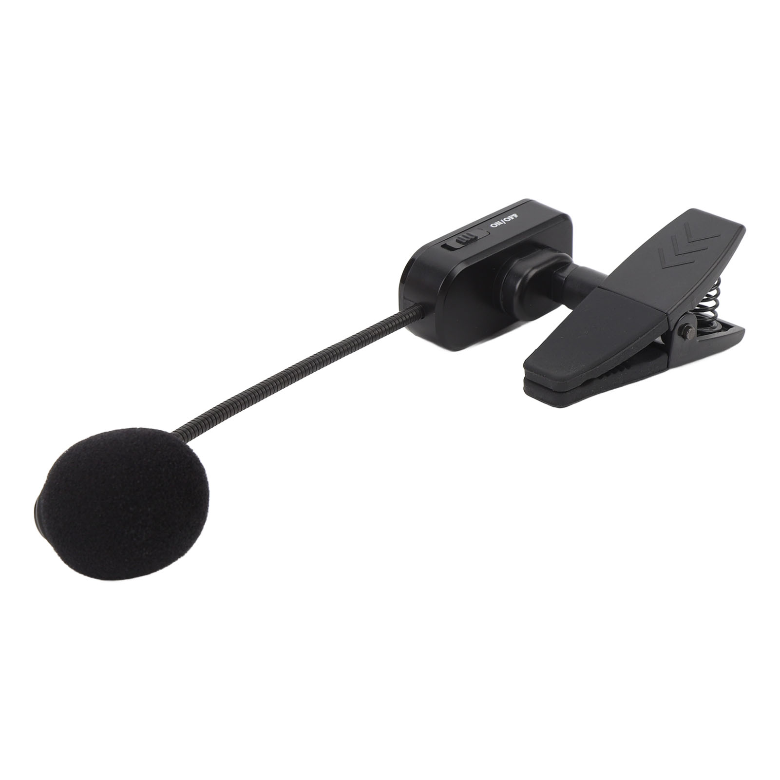 Kleines schwarzes Ansteckmikrofon mit flexiblem Arm und Klemme.