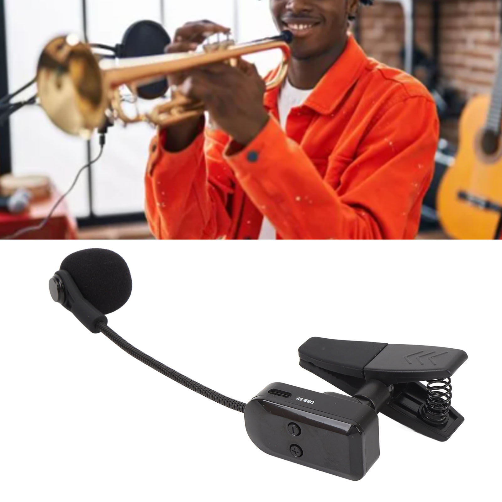Ein Mann spielt Trompete, Mikrofon und Gitarre im Hintergrund.