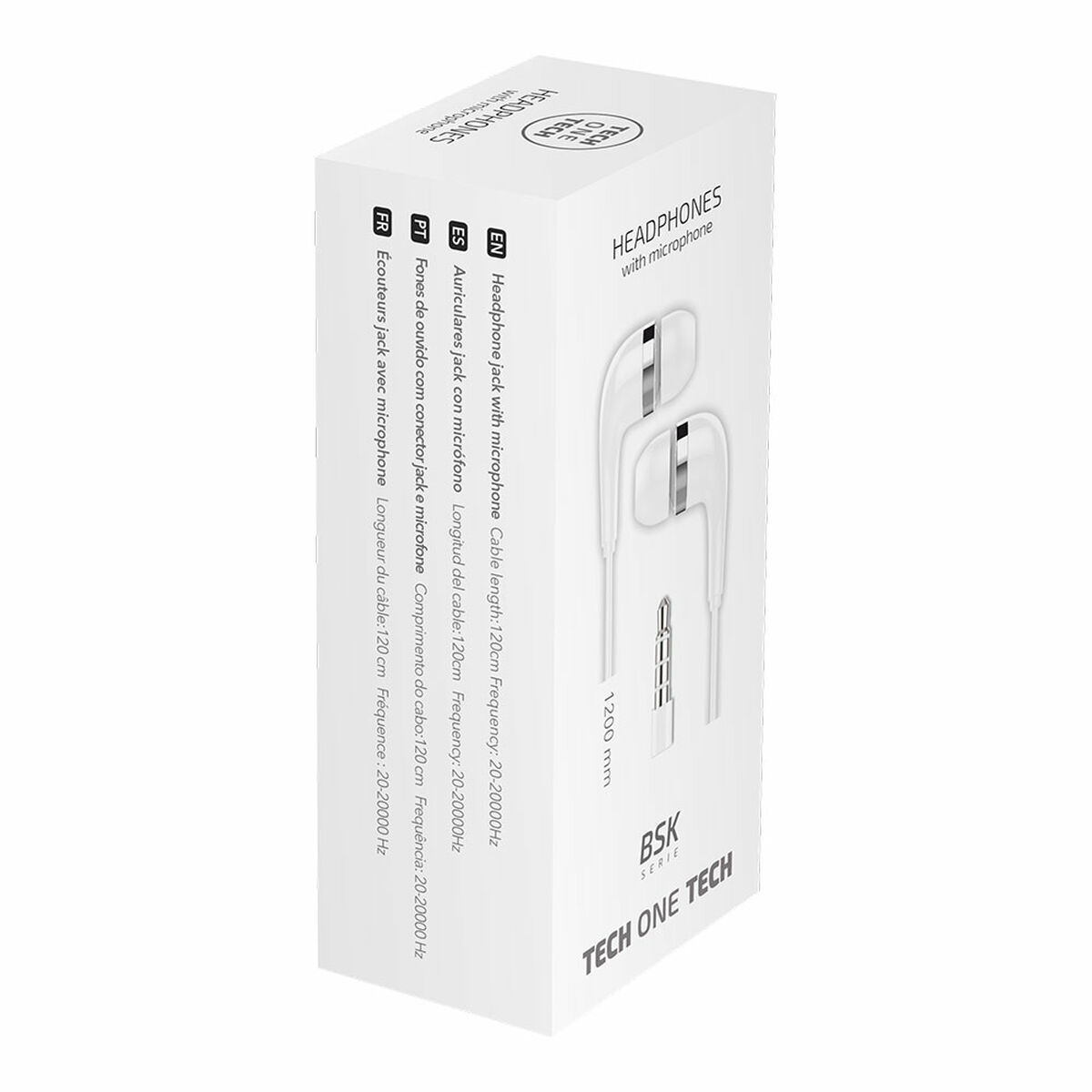 Weiße Verpackung mit Kopfhörern und Mikrofon. Kabel 120cm.