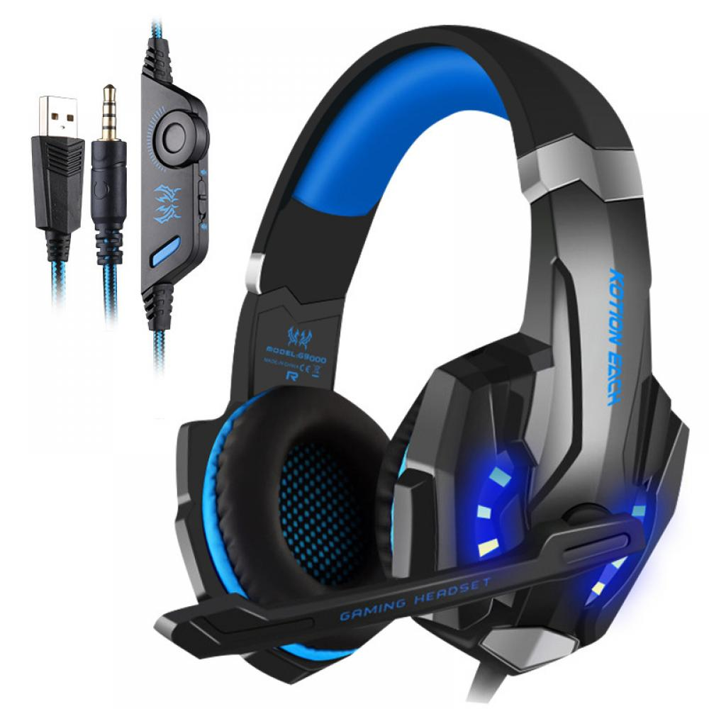 Gaming-Headset mit Mikrofon, blau beleuchteten Akzenten und USB-Anschluss.