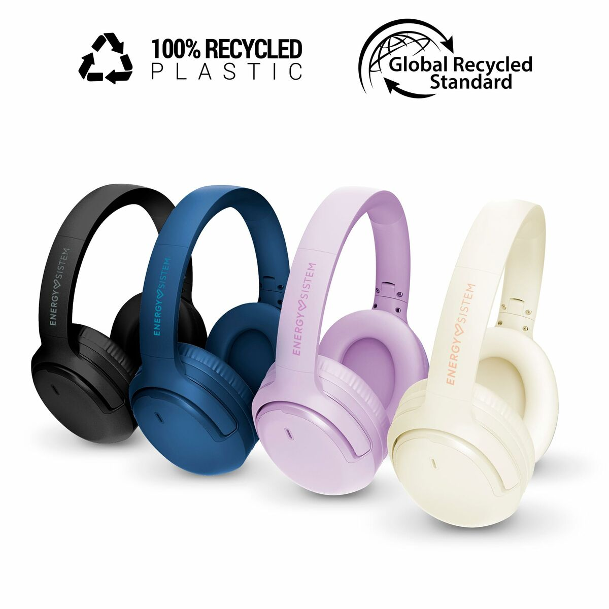 Quattro cuffie nere, blu, viola e crema. Logo 100% plastica riciclata.
