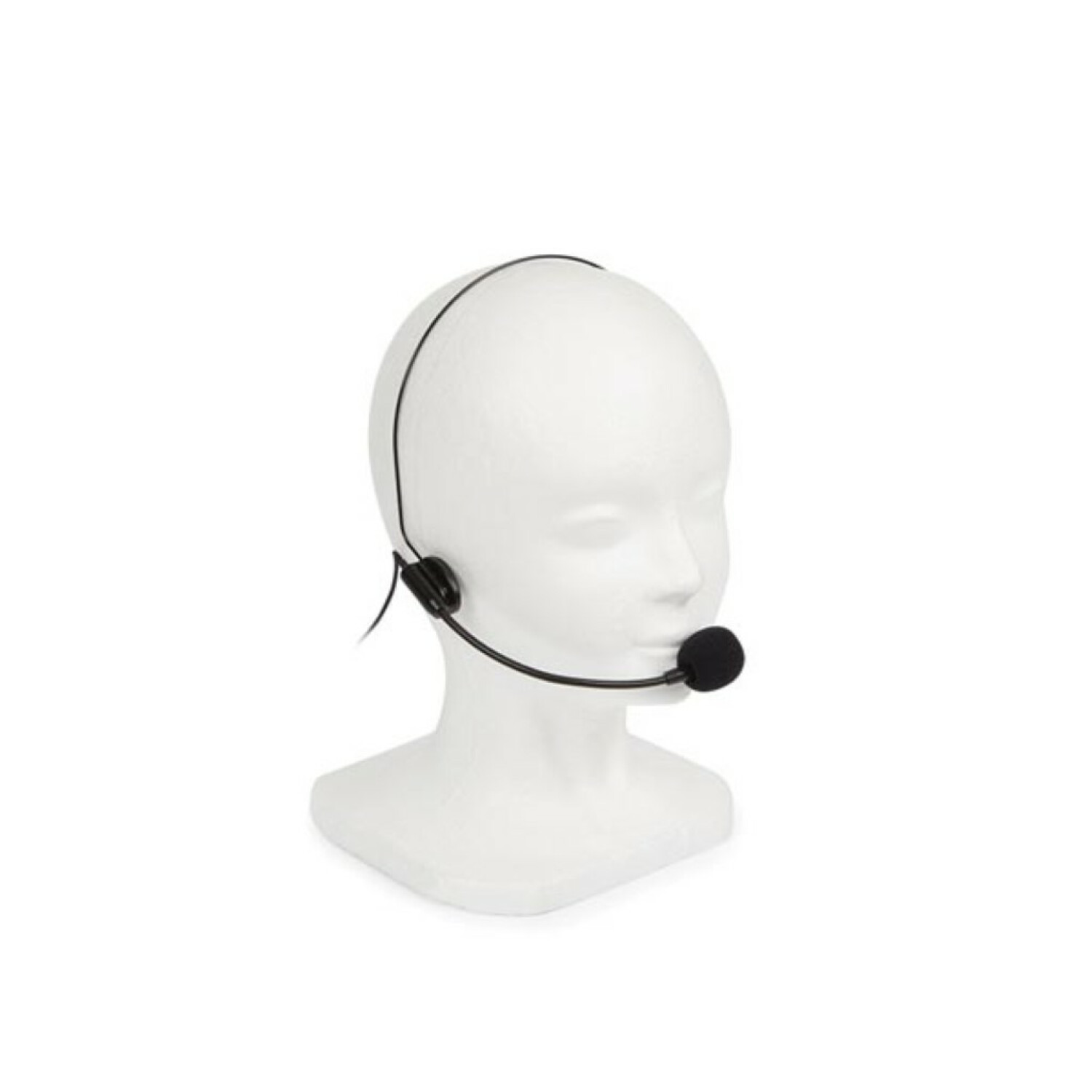 Ein schwarzes Headset-Mikrofon auf einer weißen Schaufensterpuppenkopf.