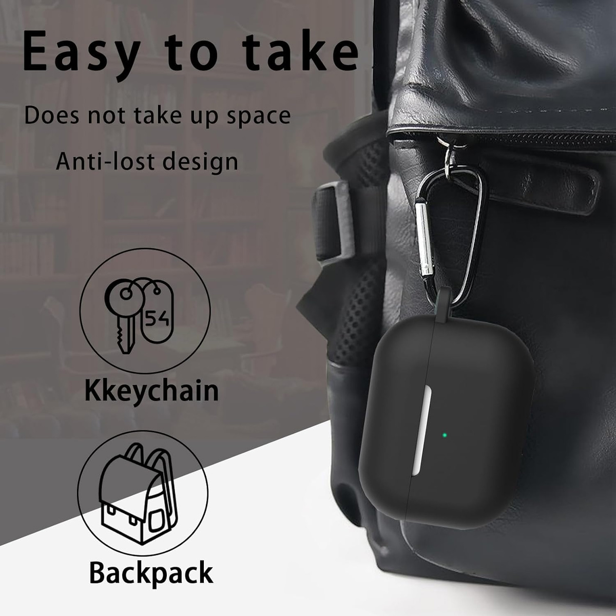 Schwarzes Ladeetui für Kopfhörer, befestigt an einem Rucksack. Mit Schlüsselsymbol.