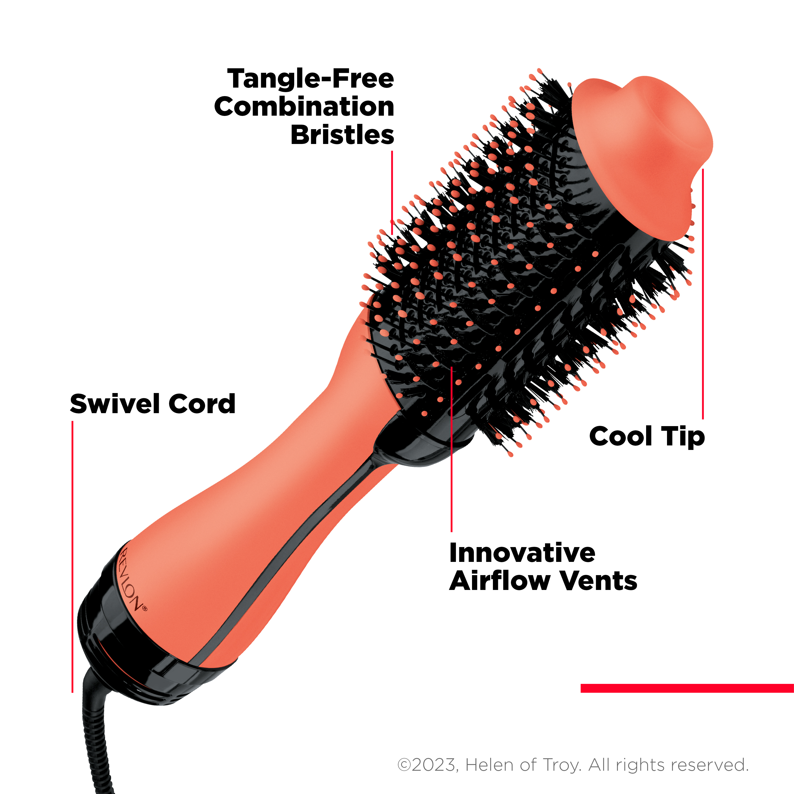 Coralowa suszarka do włosów z czarnymi włosiami i pomarańczowymi końcówkami.