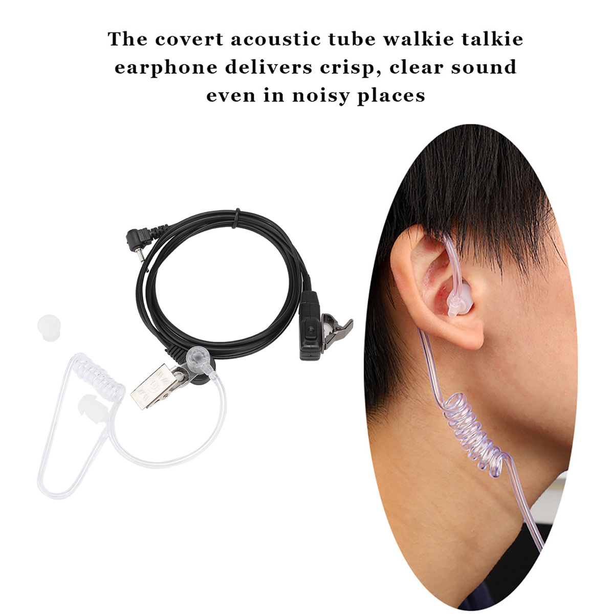 Ein Mann trägt ein Akustikschlauch-Headset in seinem Ohr. Ein schwarzes Kabel mit Klemme liegt daneben.