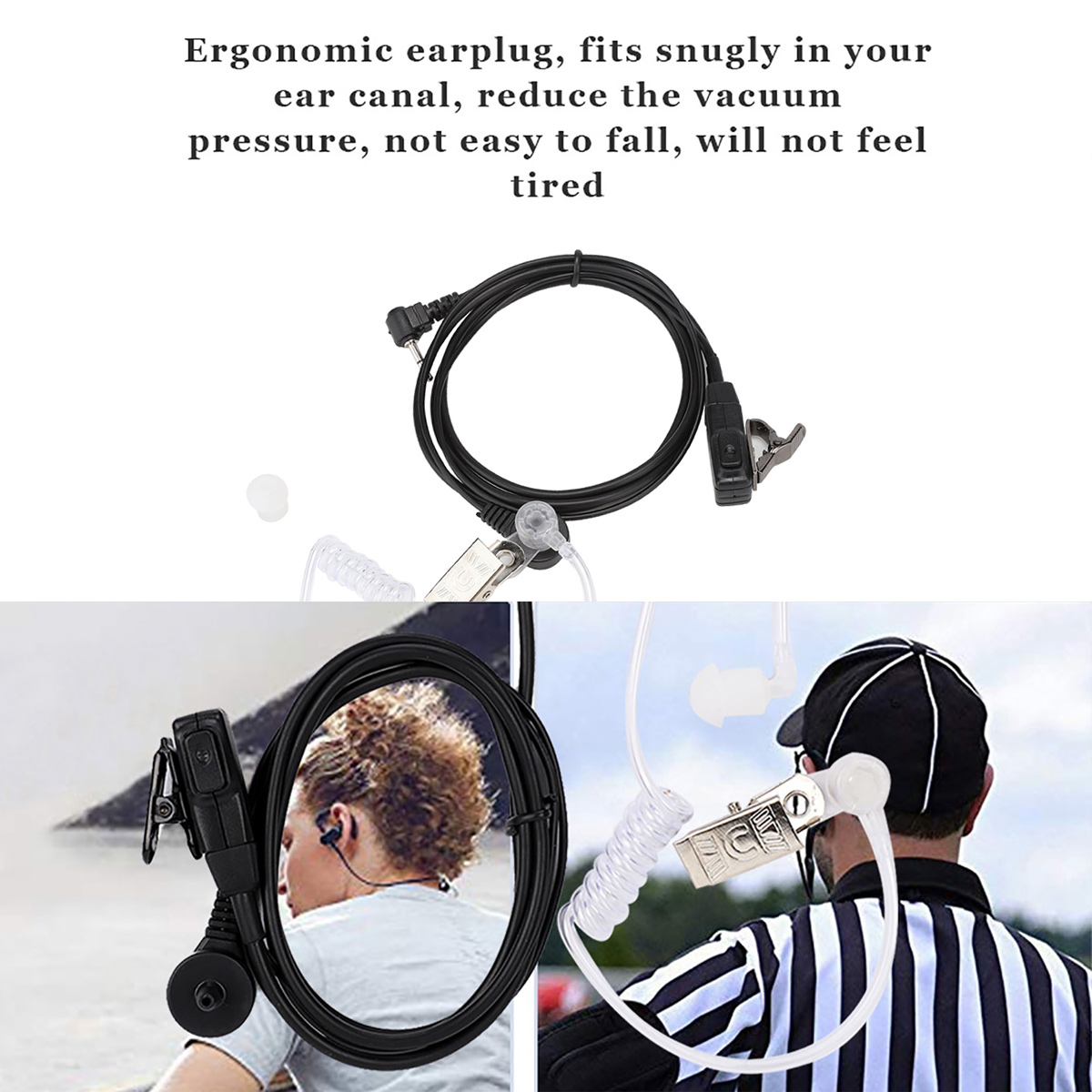 Ein schwarzes Headset mit Ohrstöpsel und Mikrofon, das von einer Person getragen wird.
