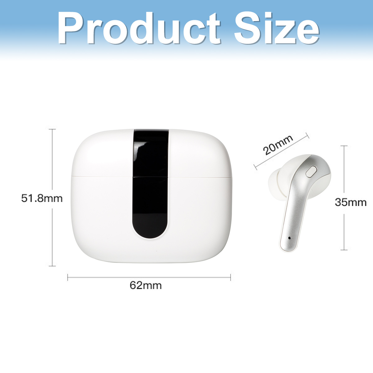Größenangaben für ein weißes Ladecase (62x51,8mm) und einen silbernen Ohrhörer.