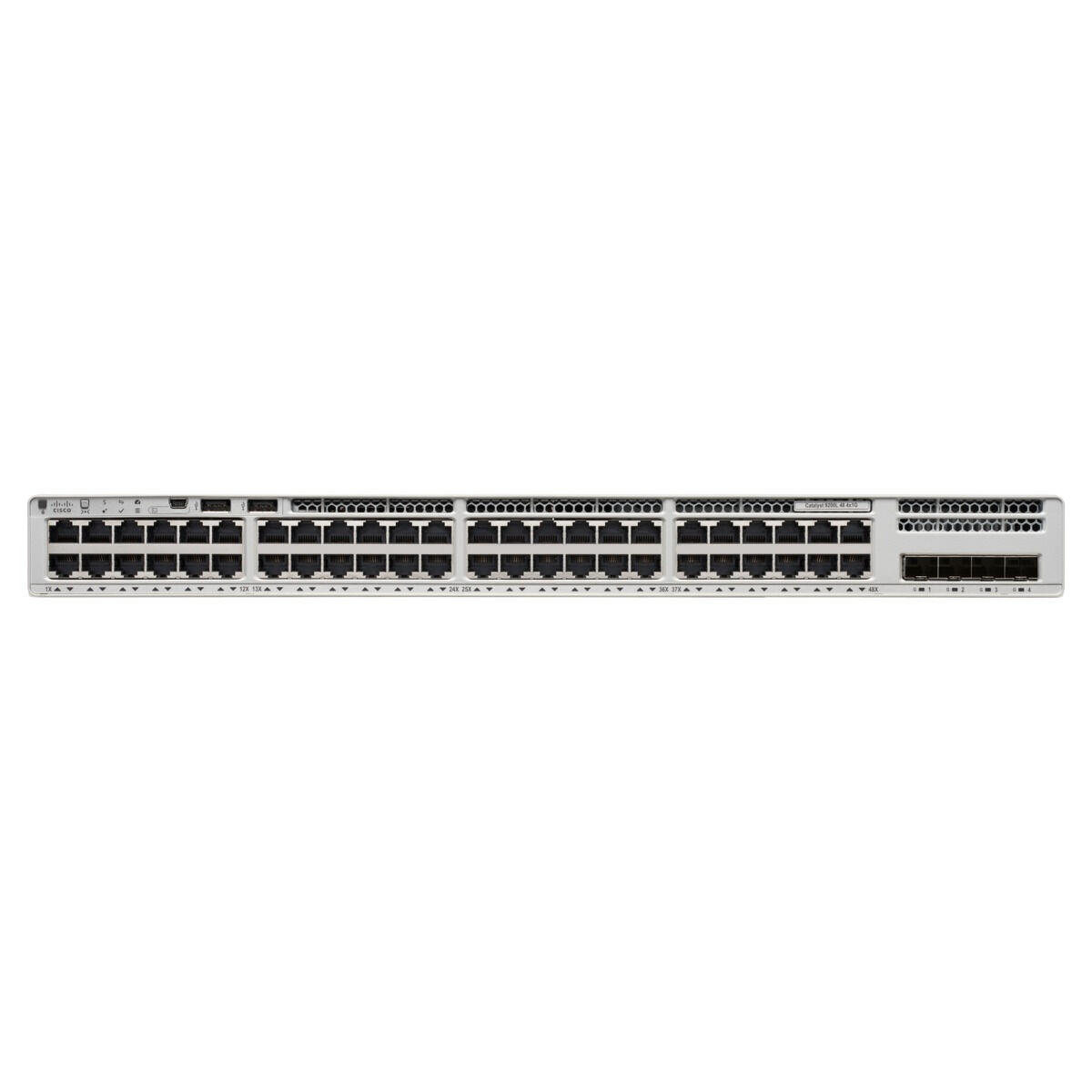 Biały przełącznik sieciowy Cisco z wieloma portami Ethernet i czterema większymi portami po prawej.