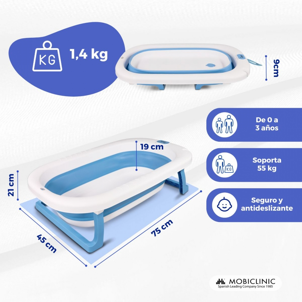 Bañera de bebé azul y blanca con dimensiones e información de peso.