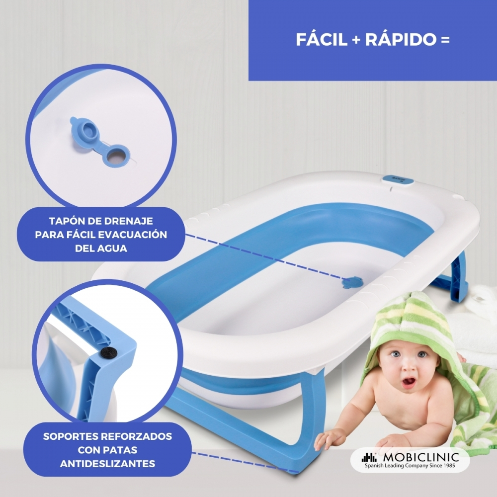 Una bañera plegable para bebés con detalles azules, tapón de drenaje y un bebé.
