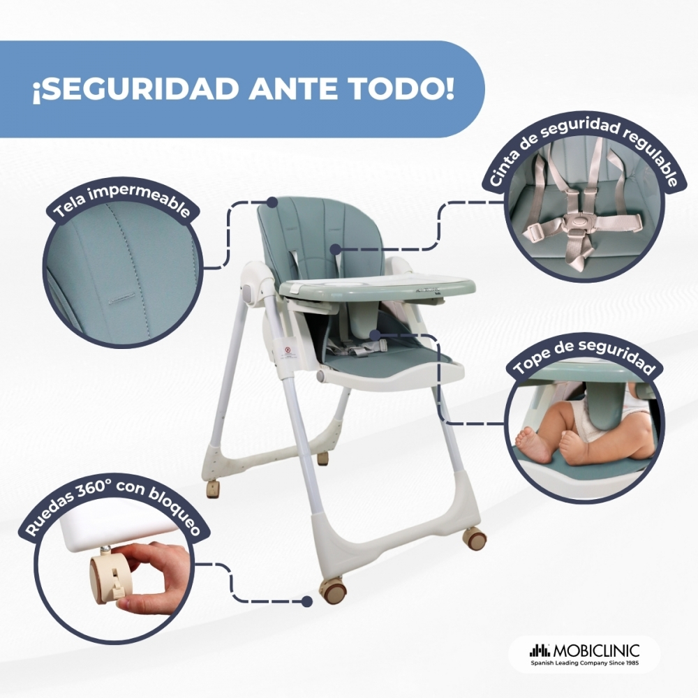 Silla alta para bebé con arnés de seguridad, tope y tela impermeable.