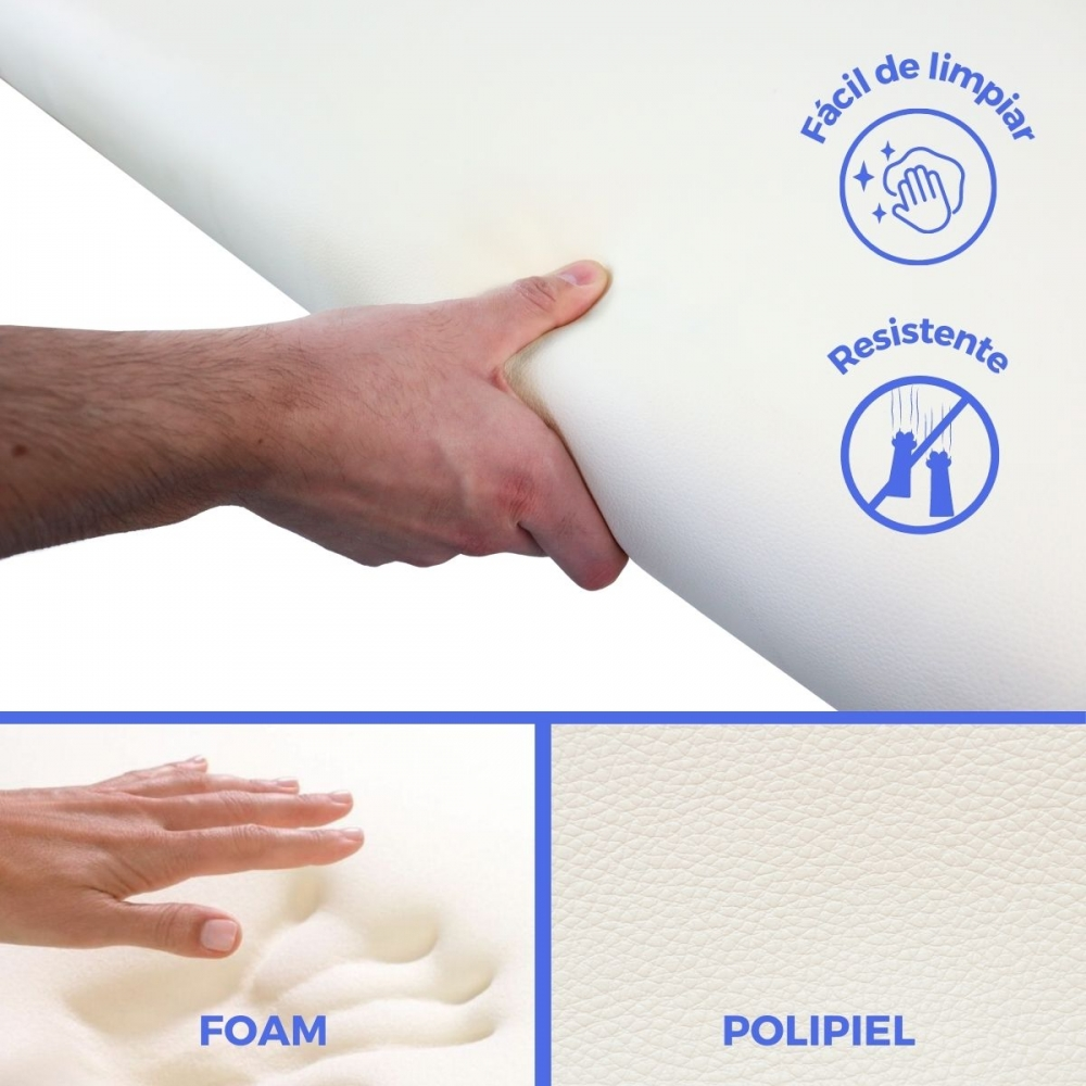 Mano presiona material blanco, junto a espuma y polipiel.