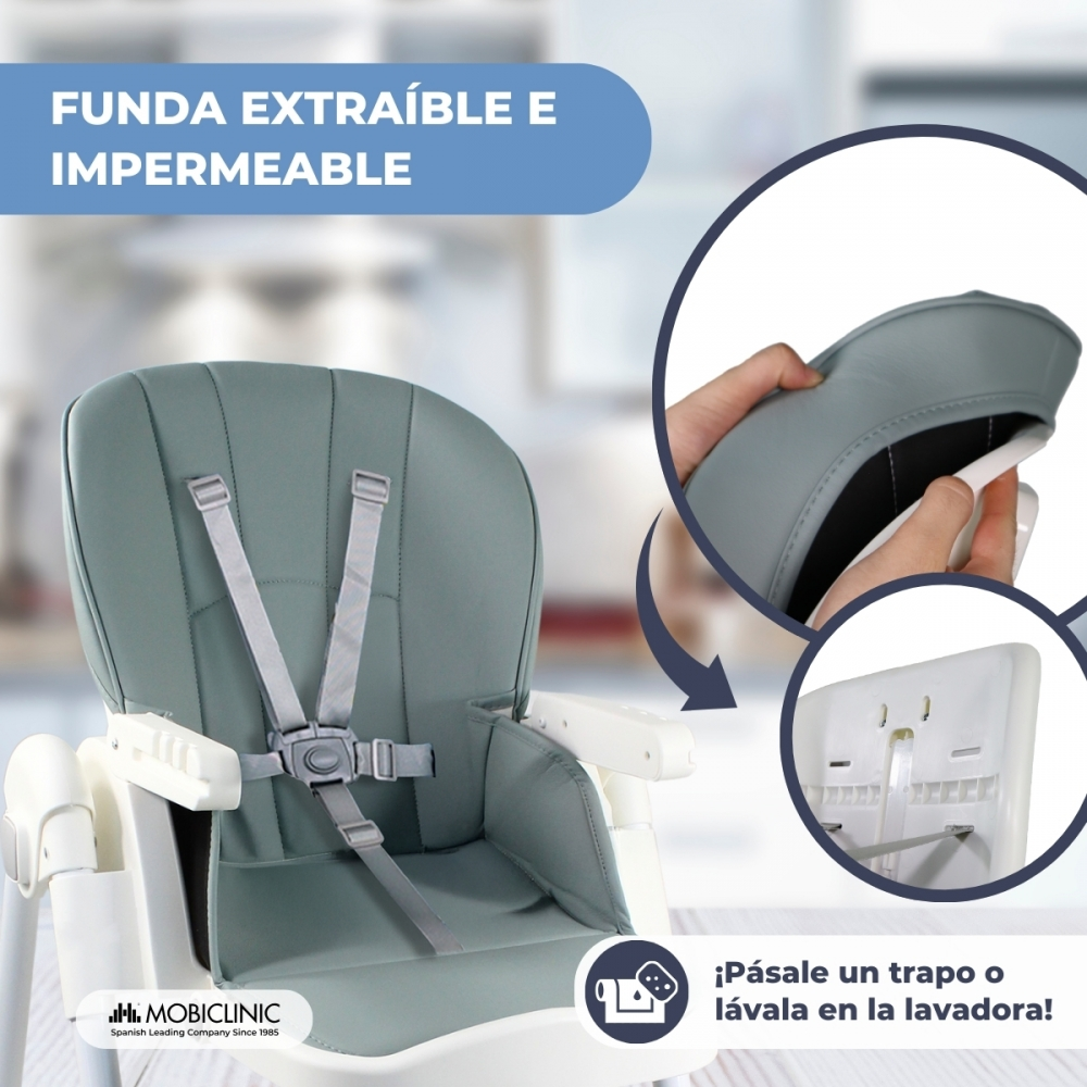 Se muestra una funda extraíble e impermeable para trona.
