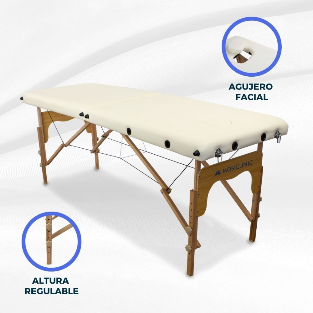 Una camilla de masaje de madera color crema con altura regulable y agujero facial.