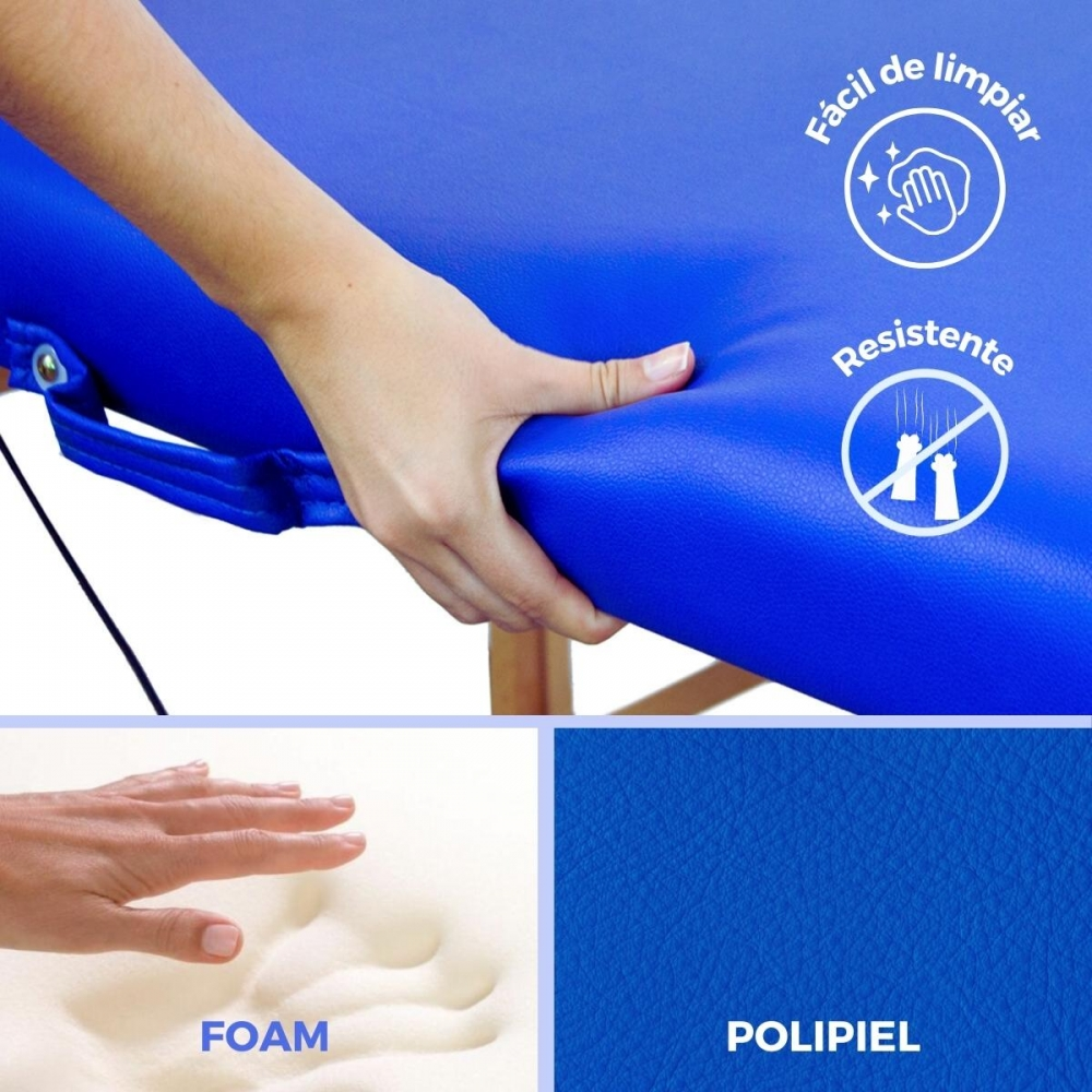Mano presiona sofá azul, mostrando espuma y textura polipiel.