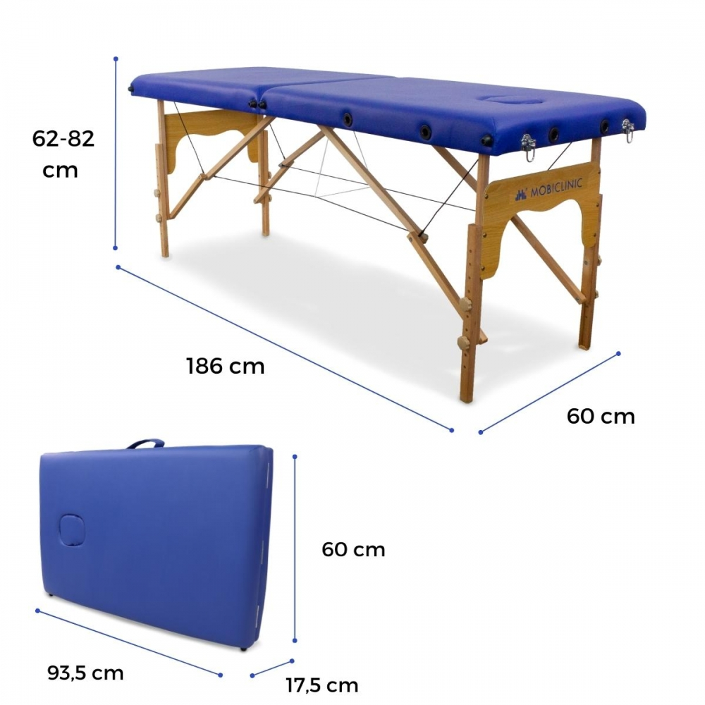 Mesa de masaje azul con patas de madera y dimensiones.
