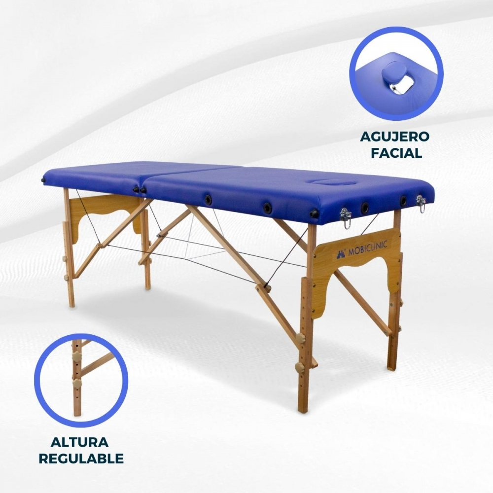 Mesa de masaje azul con marco de madera y patas ajustables, con agujero facial.