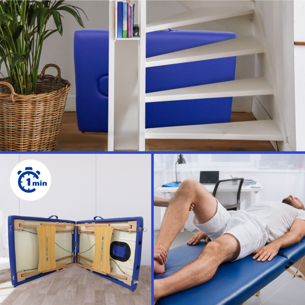 Mesa de masaje azul siendo movida a una casa, desplegada y en uso.