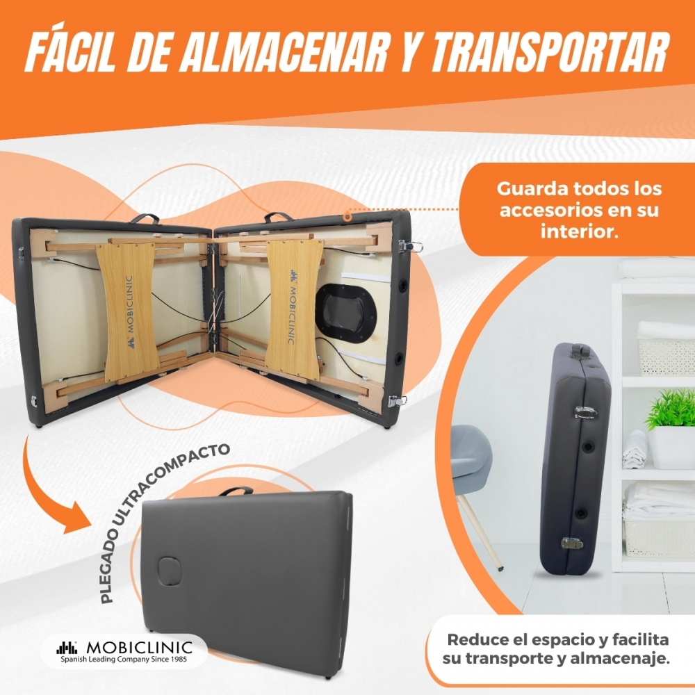 Una camilla de masaje plegable, mostrada abierta y plegada.