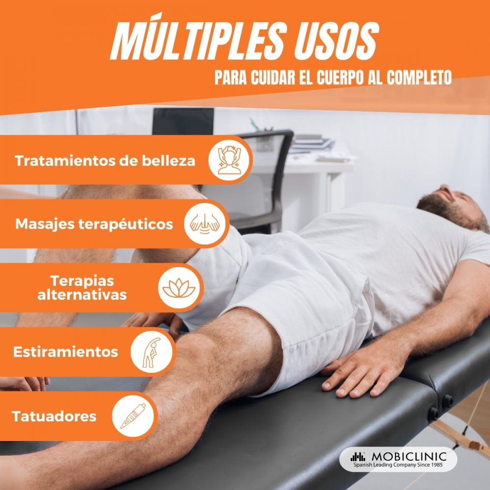 Hombre en camilla con lista de servicios: belleza, masaje, terapia, estiramiento, tatuajes.