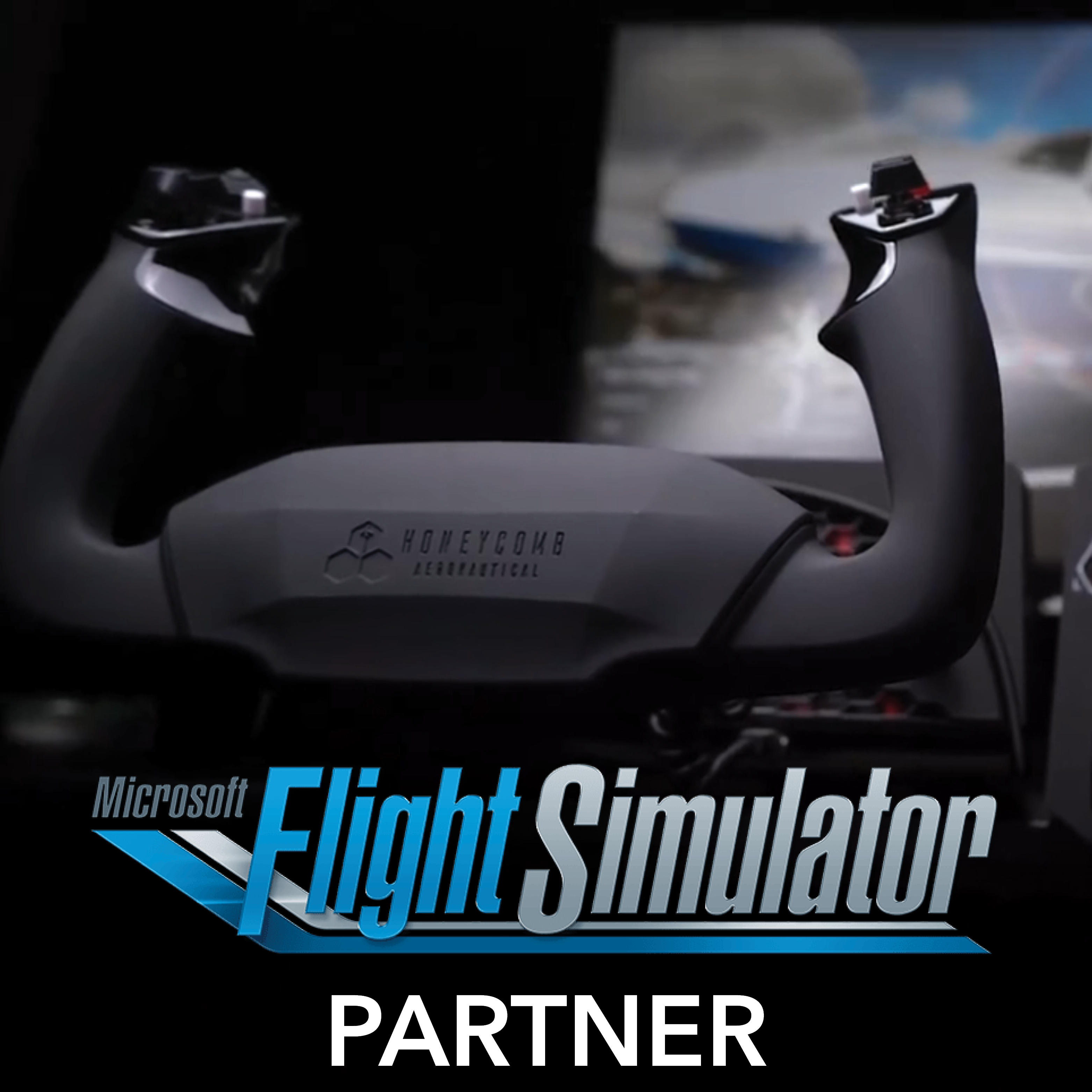 A black flight simulator yoke with the Microsoft Flight Simulator logo.