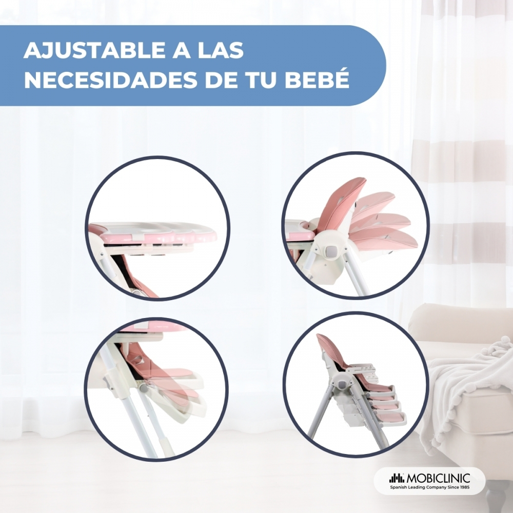 Una trona rosa con funciones ajustables, mostrada en cuatro círculos.