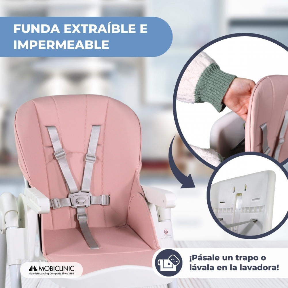 Silla alta rosa con arnés. Funda extraíble e impermeable.
