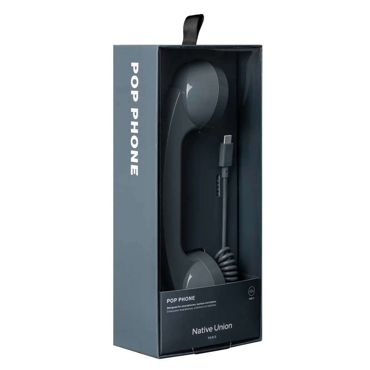 Szara słuchawka Pop Phone ze złączem USB-C w opakowaniu.
