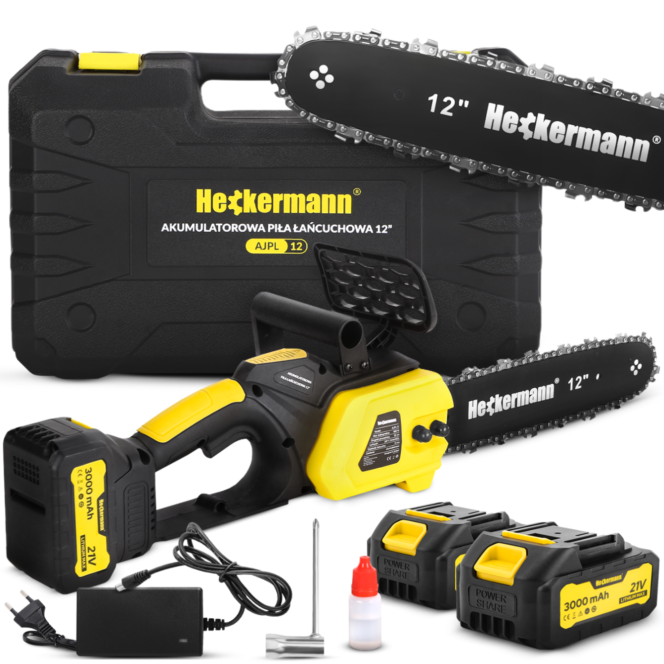 Akumulatorowa piła łańcuchowa Heckermann z akcesoriami: walizka, 2 baterie, ładowarka.