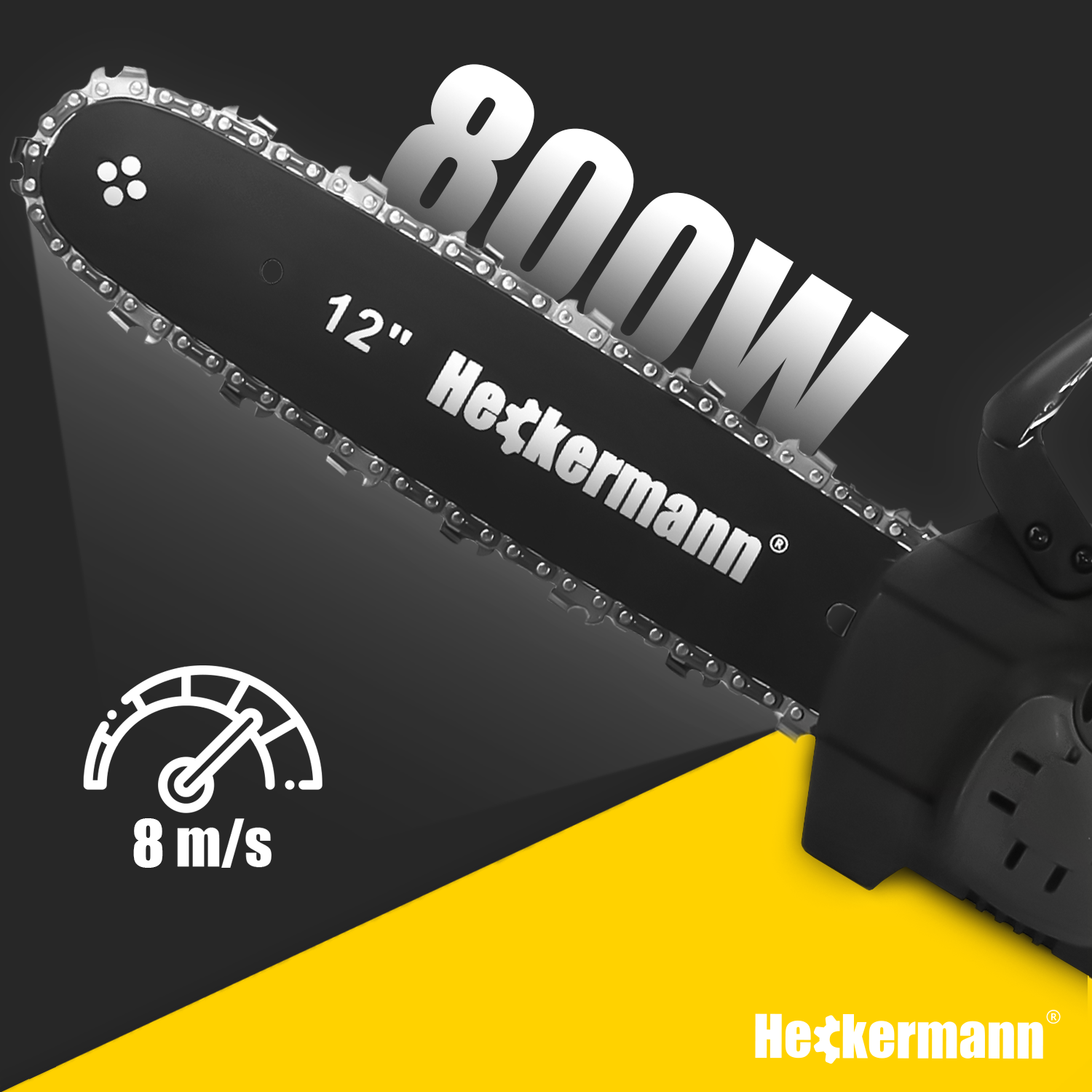 Czarna piła łańcuchowa Heckermann 800W, prowadnica 12", prędkość 8 m/s.