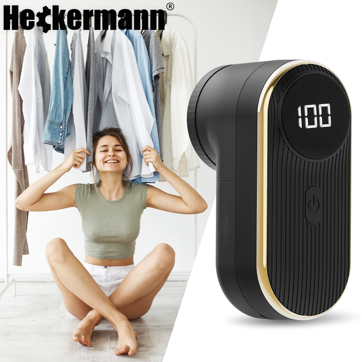 Kobieta przed wieszakiem, trzyma ubrania; obok urządzenie do usuwania kulek.