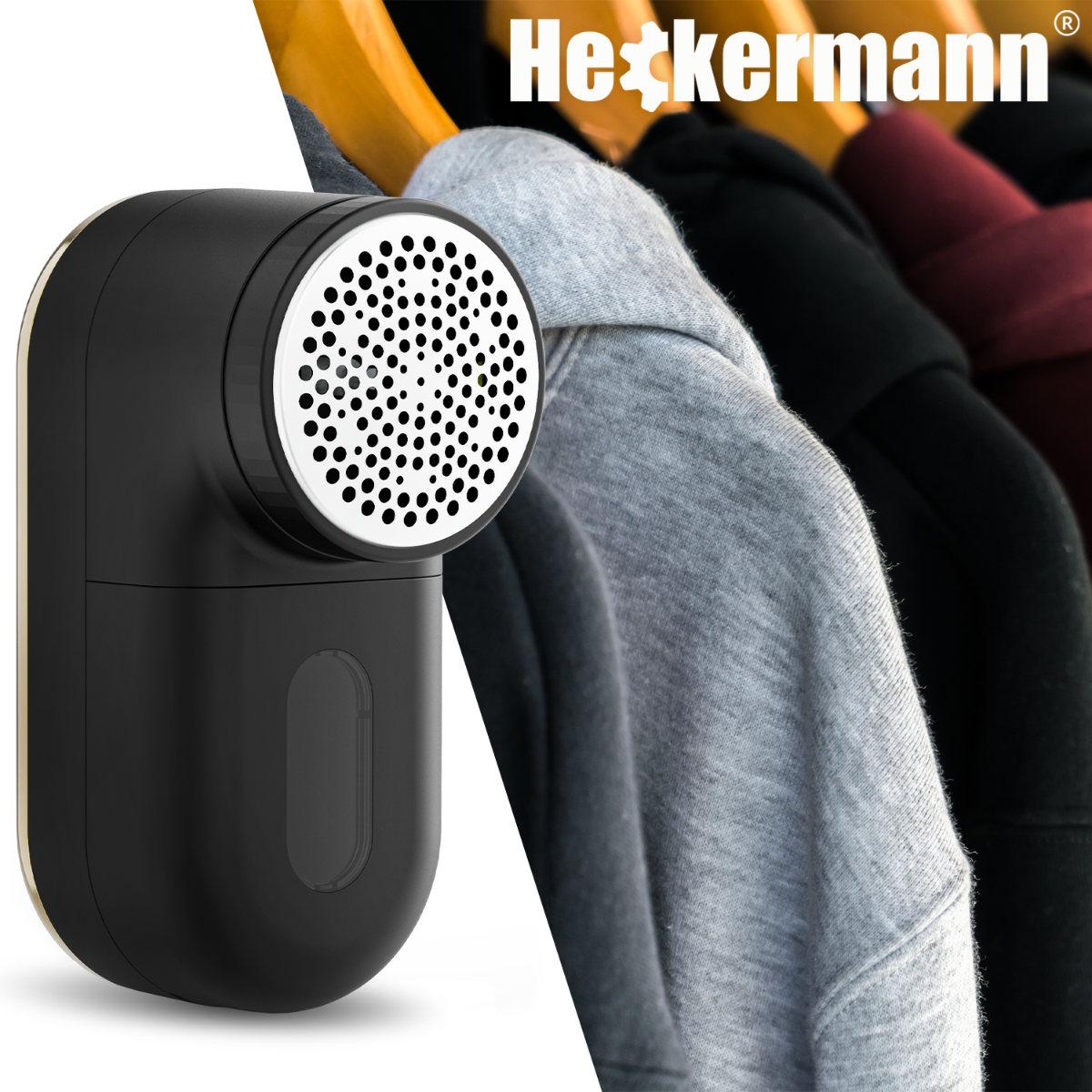 Czarna golarka do tkanin przed szarymi, czarnymi i bordowymi bluzami.